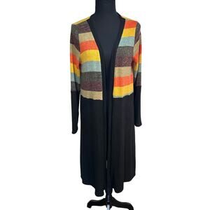 Vision USA Black Colorful Striped Long Line Open Front Cardigan, Size M